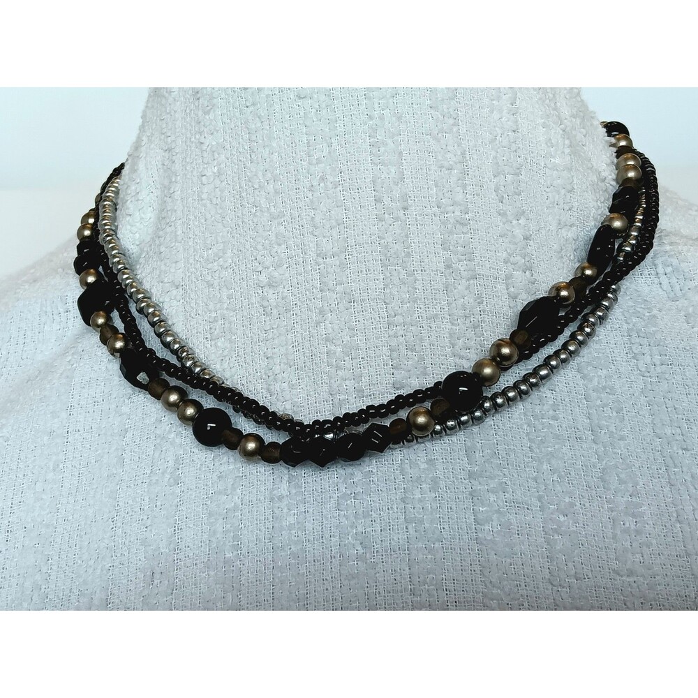 Premier Designs Triple Strand Gunmetal Black Silver Bead Necklace Retired